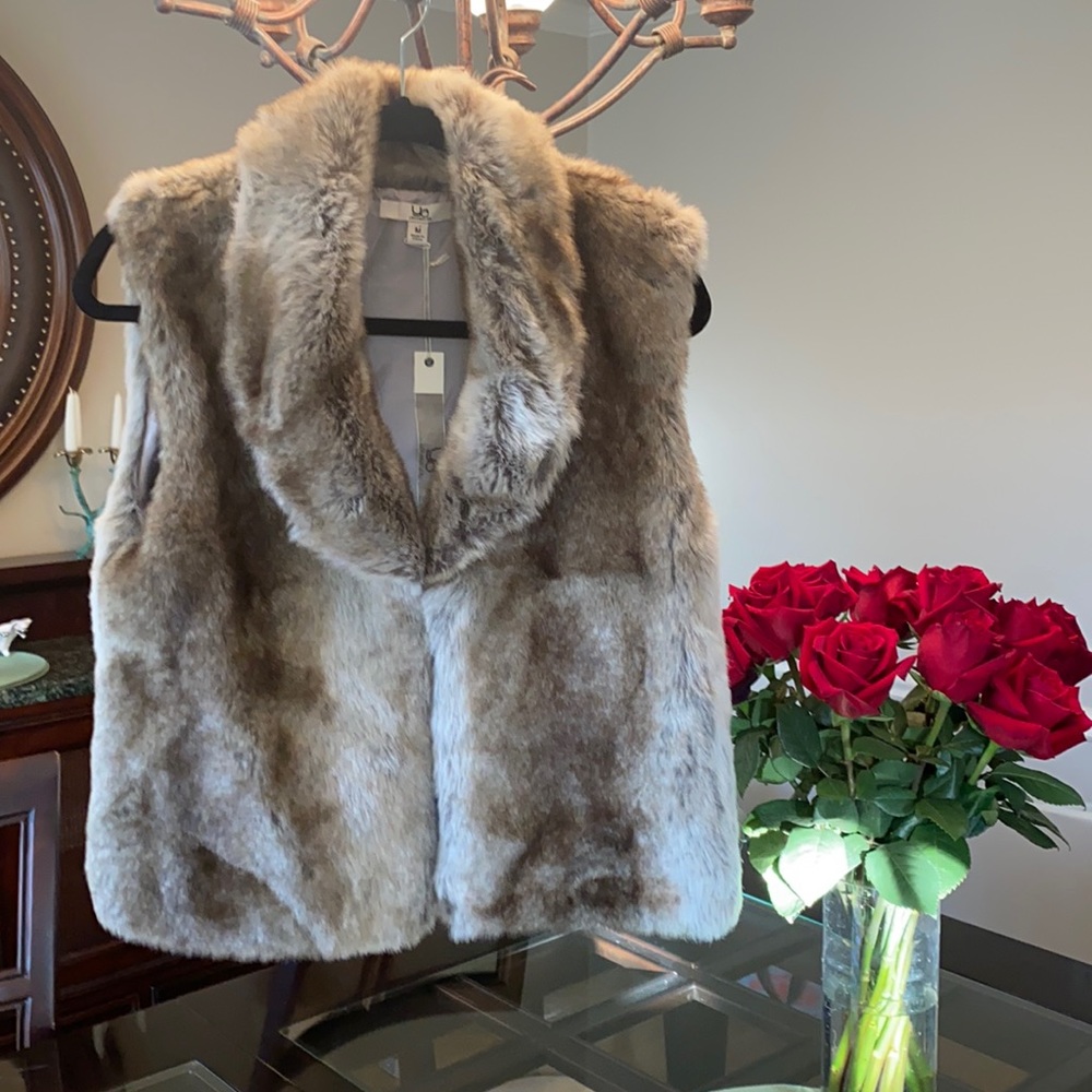 Ya Los Angeles Faux Rabbit Fur Vest with Collar, Size: M Silver/Brown Extra Soft
